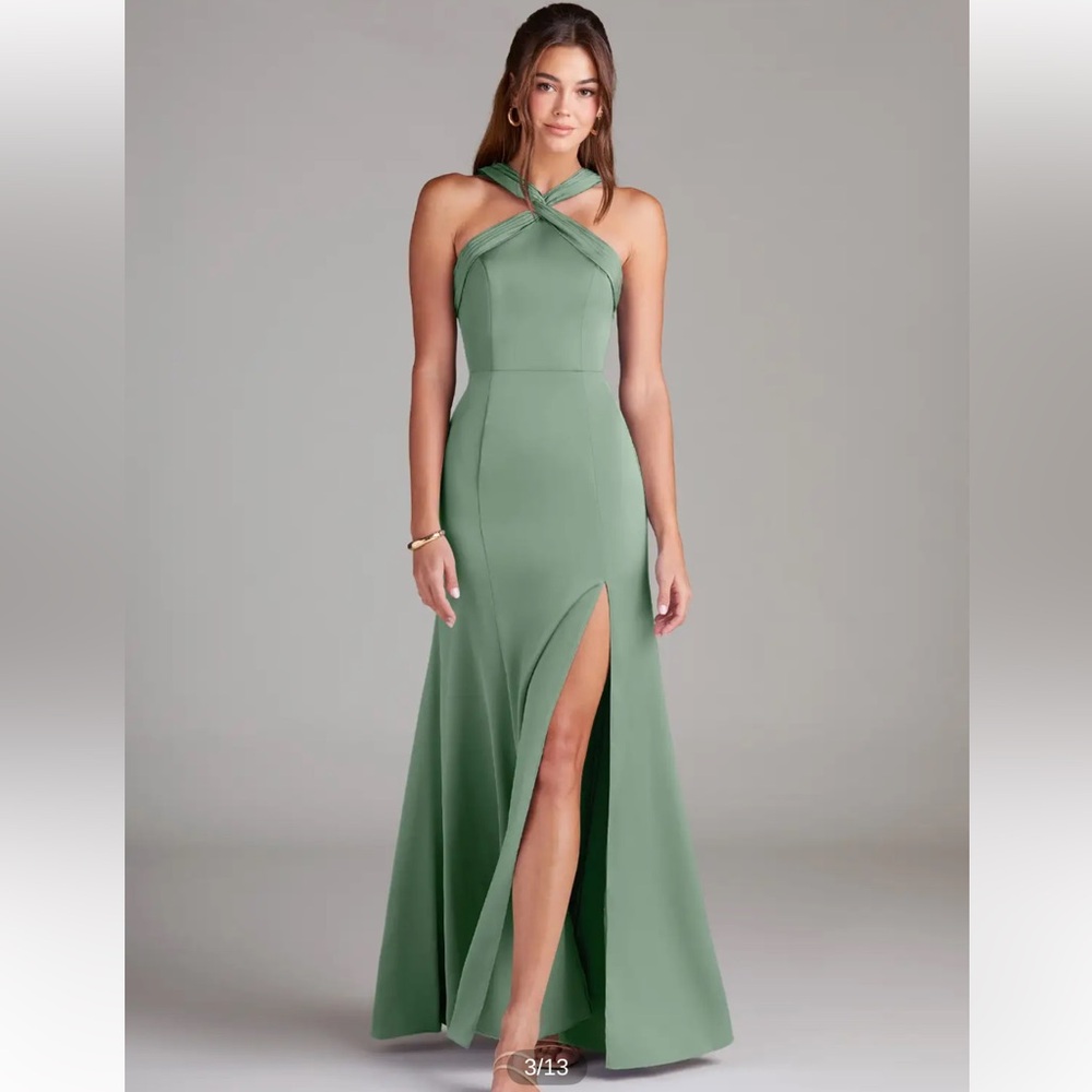 Azazie Rue Matcha Green Halter top bridesmaid dress in satin